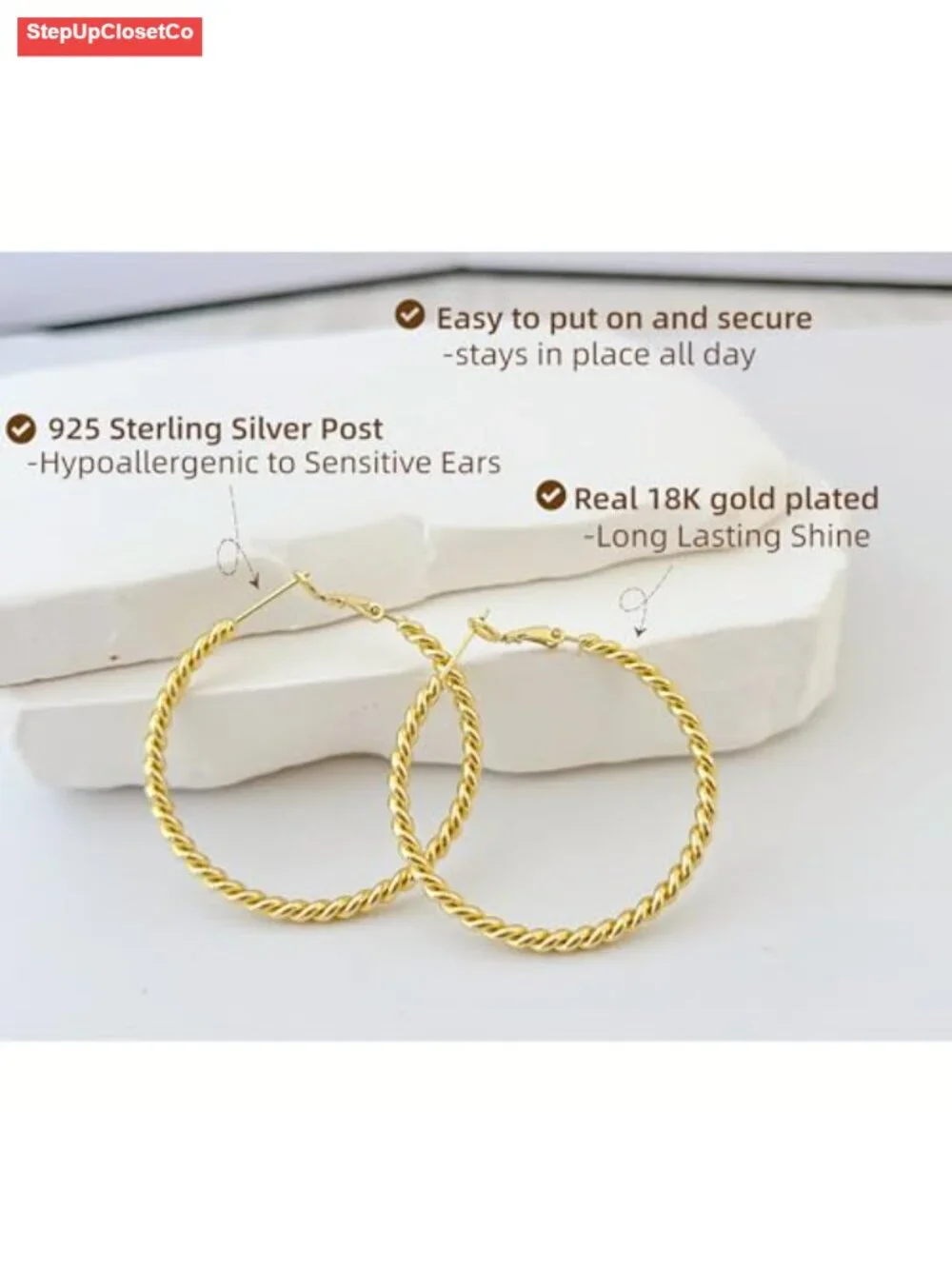 18K Gold Plated Twisted Hoop Earrings, Hypoallergenic 925 Sterling Silver Post,